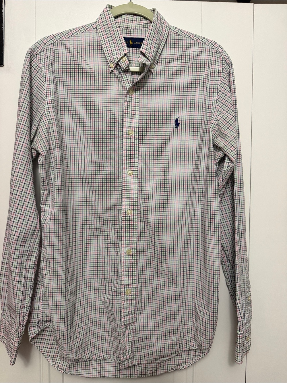 Ralph Lauren White Button-Down Shirt with Green & Pink Check